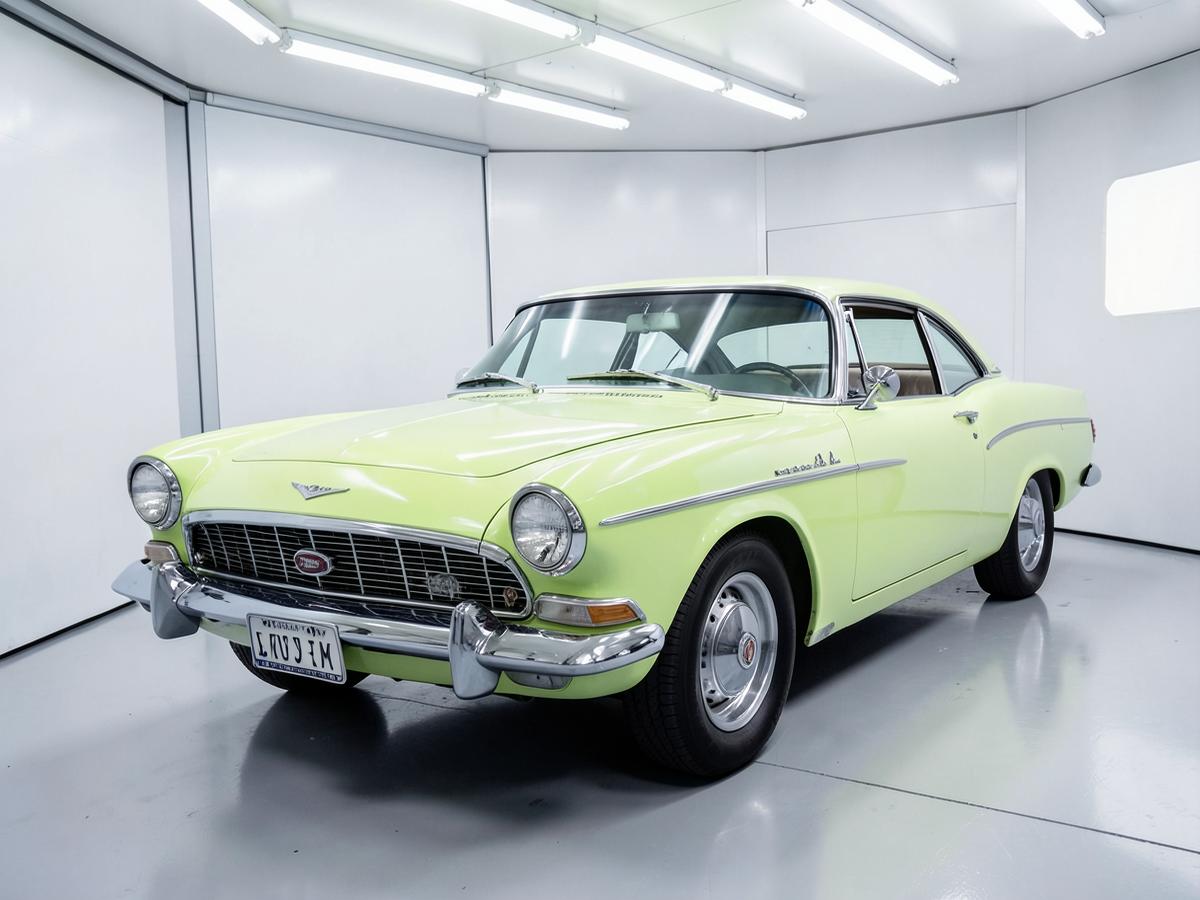Freshly painted classic car in the booth