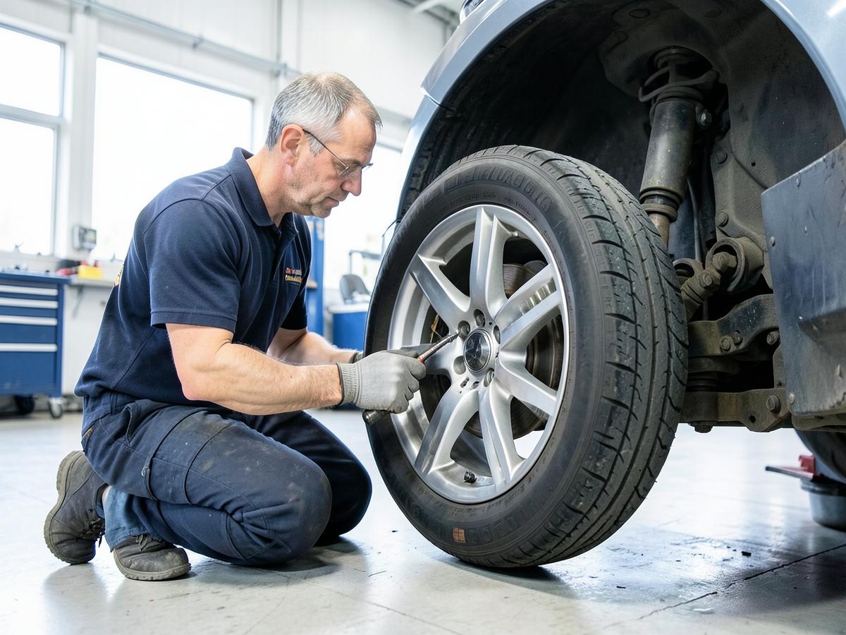 Technician fitting a wheel and tire